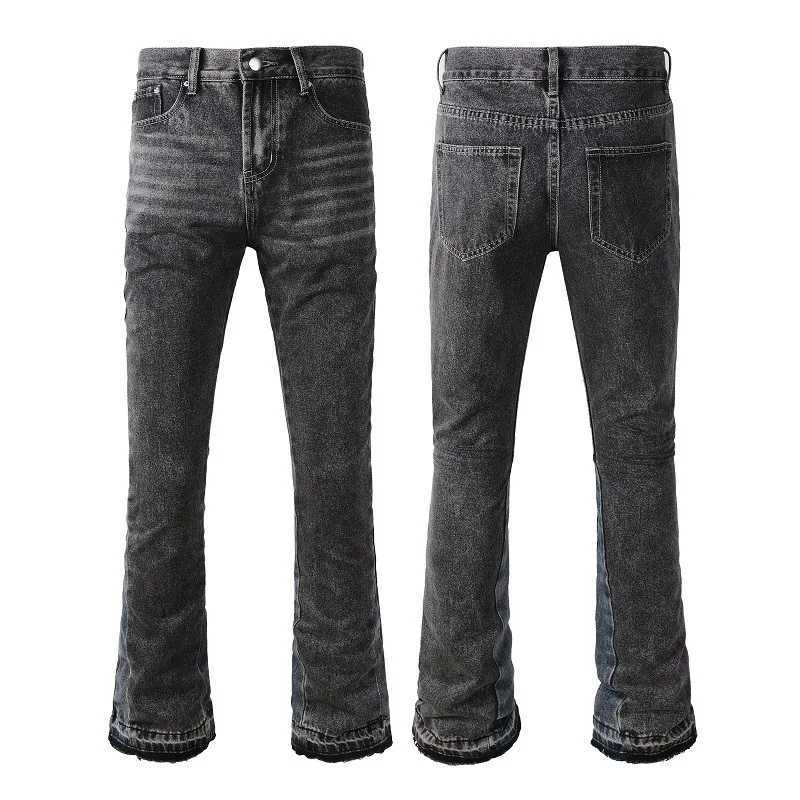 Men Jeans Washed Denim Flare Pants Mid Waist Pockets Patchwork Denims 2024 Autumn Strtwear Vintage Ankle Length TrousersC250606