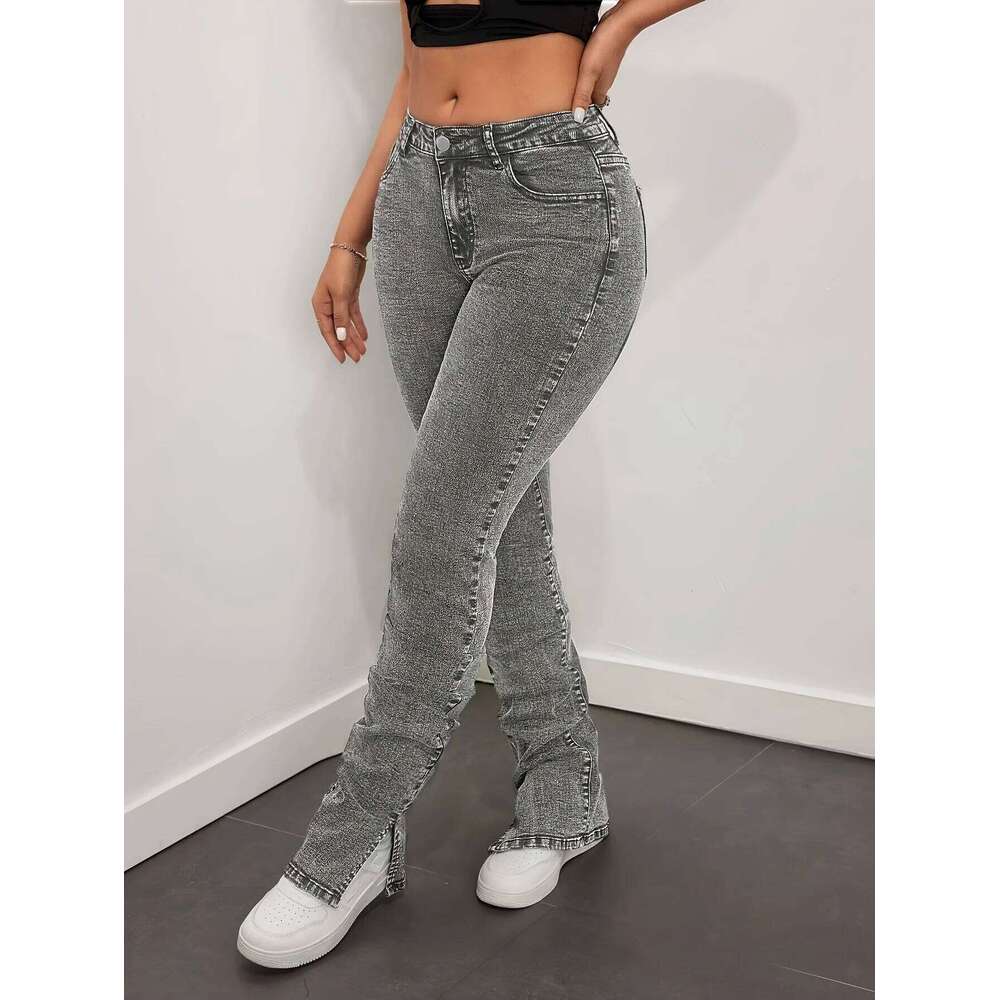 Gray Long Slit Slim Jeans Adjustable Pleats Stacked Personalized Fashion Casual High Waist Stretch Women's Versa