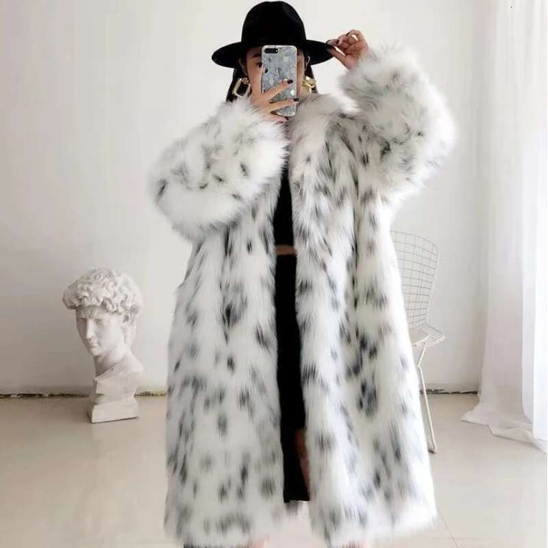 Women's Large Size Long Imitation Fox Fur Coat Warm Winter Black Dot Leopard Print Leather Windbreaker for Style And Comfort