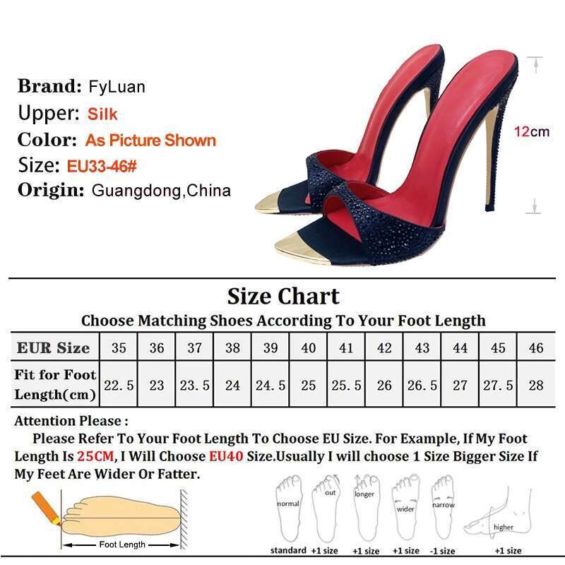 Women Rhinestone Stiletto Slippers Summer Party Shoes 12CM Black Pointed Toe Sandals For Ladies High Heels Mules Size 46