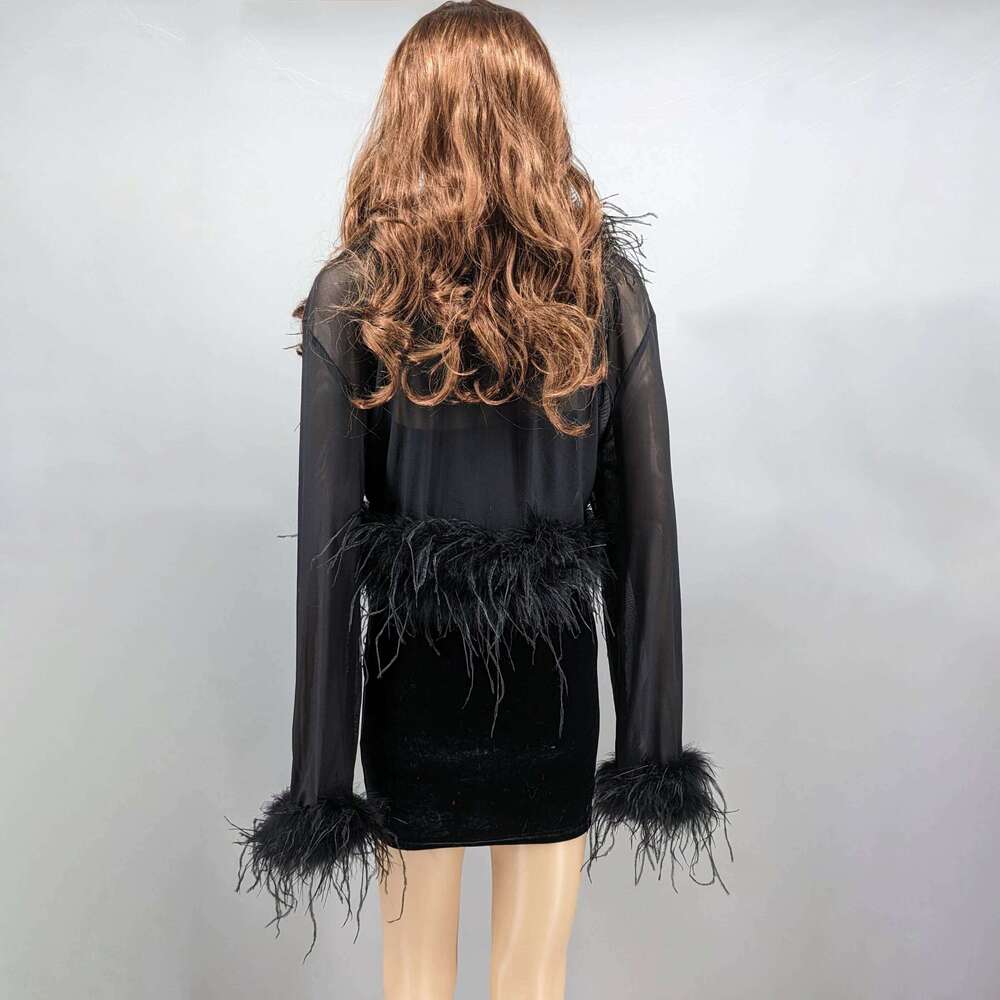 See-through clothing with real Ostrich feather collar and cuffs sex club cropped jacket top bolero