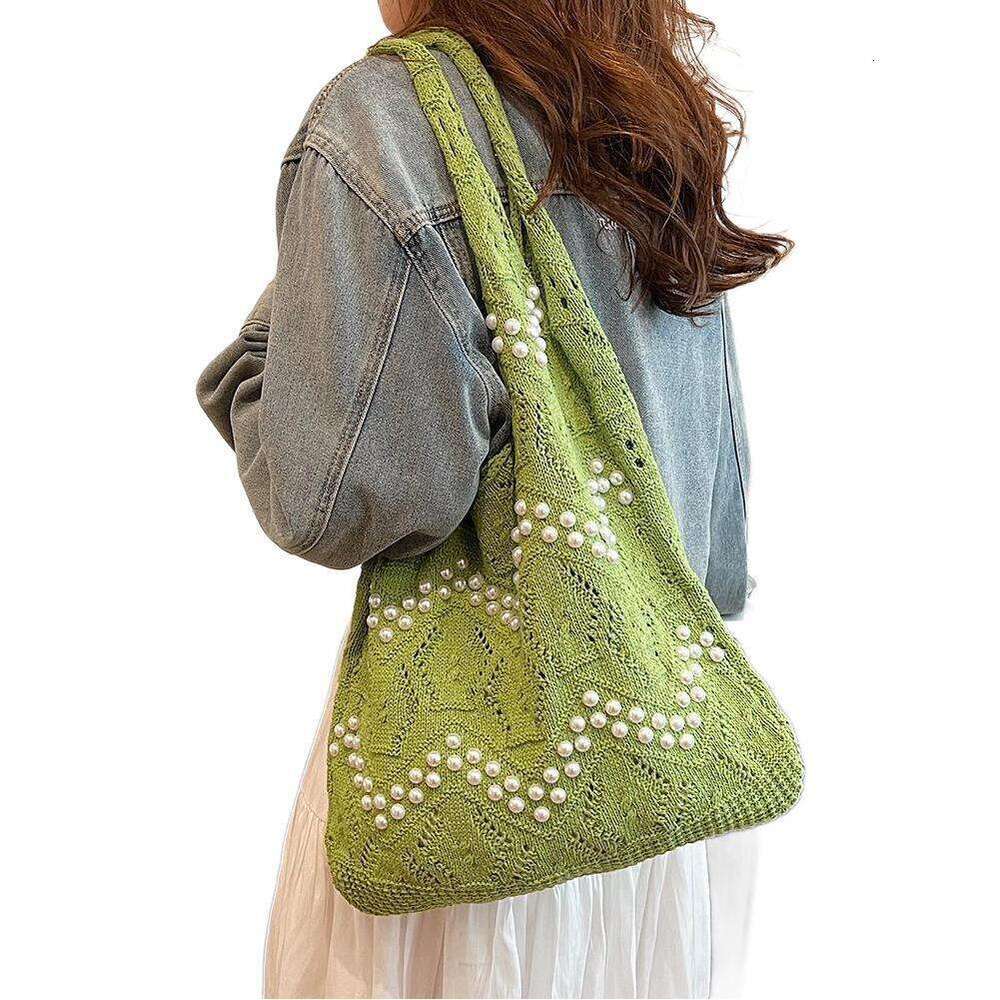 Casual Simple Knitted For Women New Large Capacity Commuter Shoulder Fashion Pearl Tote Bucket Bag B5