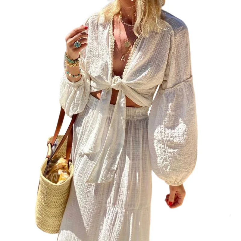 Canwedance Women Two Pieces Boho Dress Sets Femme Beach Style White Outfits Puff Sleeve A-line Skirt Holiday Sets 2 Pieces Suits 250605