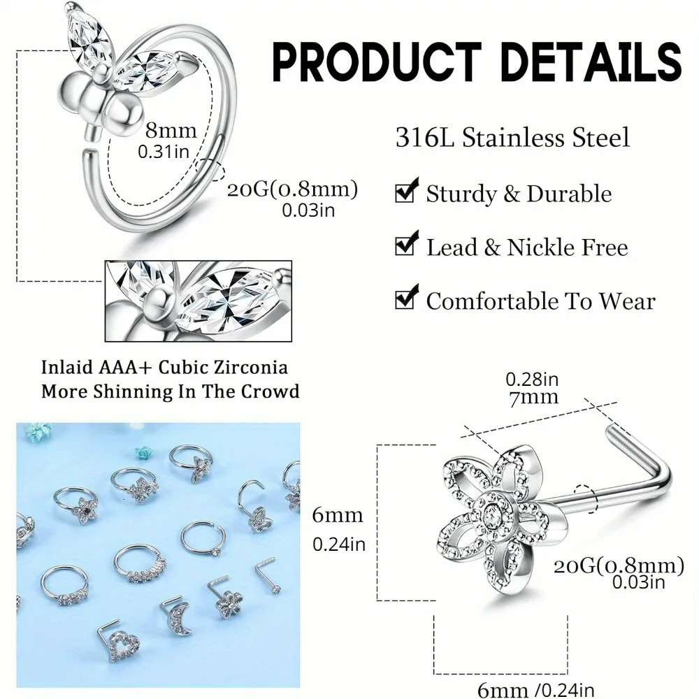 Drperfect Nose Rings for Women Steel Nose Studs Hoop Corkscrew L Shaped Nose Stud Ring Piercing Jewelry 250605