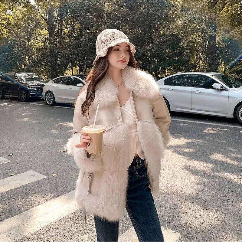 Winter Women's Leather Jacket Real Fox Collar Trim Natural Skin With Rabbit Fur Coats Short Style Female