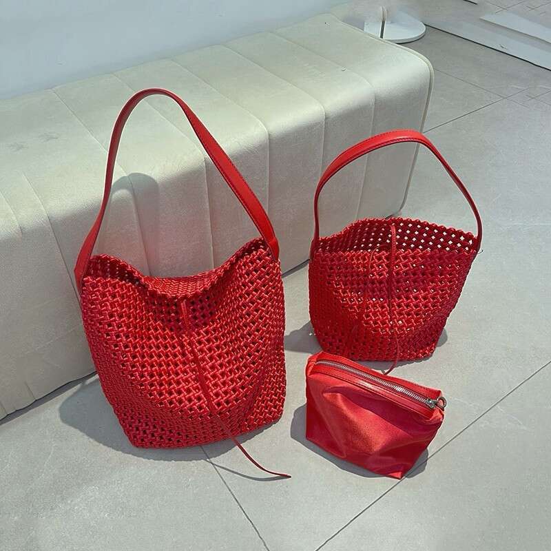 Red Hollow Woven Tote for Women High End Niche Handbag Large Capacity Shoulder Underarm Bag Bucket