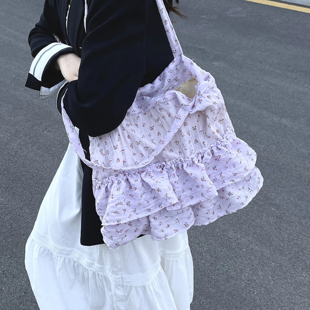 Women Large Capacity Tote Bag Korean Ins Floral Print Ruffles Soft One Shoulder Bags Daily Working Commute Underarm Packs 250605