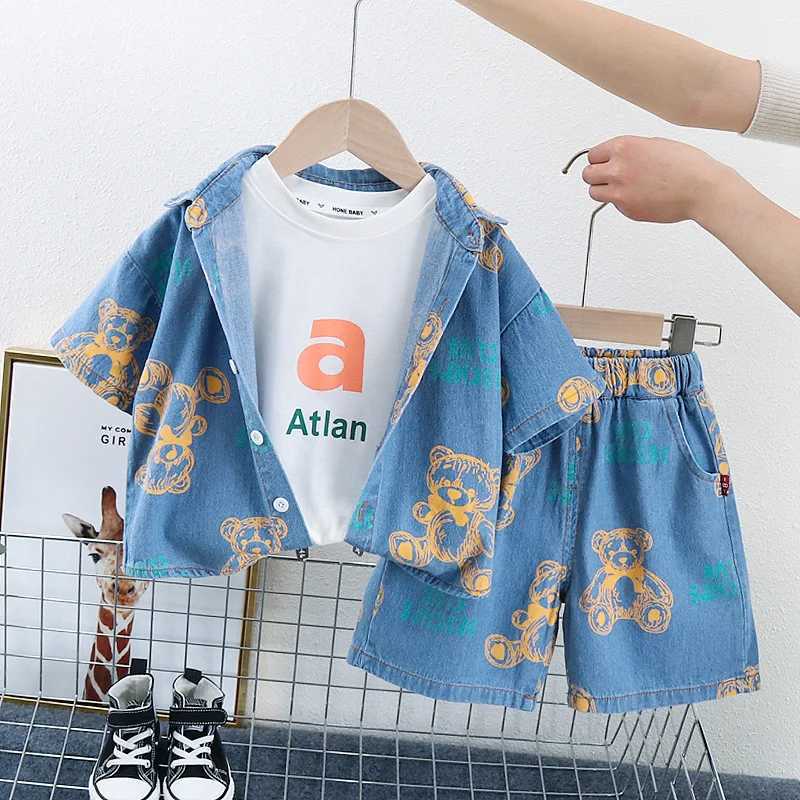 New Summer Boys Denim Clothing Sets Children Fashion Cartoon Bear Coats Shorts 2pcs Tracksuits Infant Baby Casual Outfits Suits R250606