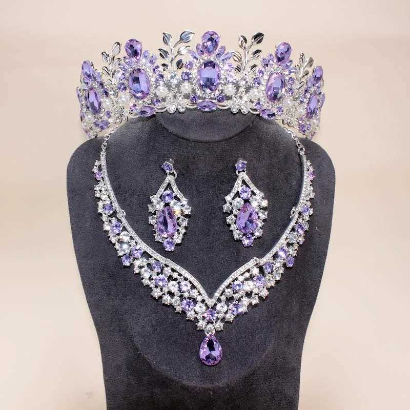 Luxury Bridal Hair Jewelry Purple Pink Baroque Crowns And Tiaras Headband For Women Wedding Party Diadem Purple necklace set Z250605