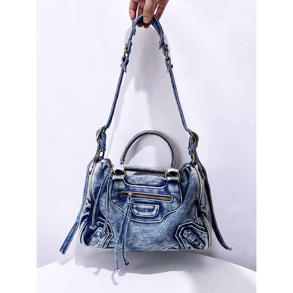 Washed Denim Motorcycle Tote New Rivet Decor Niche Handbag Shoulder Crossbody Bag