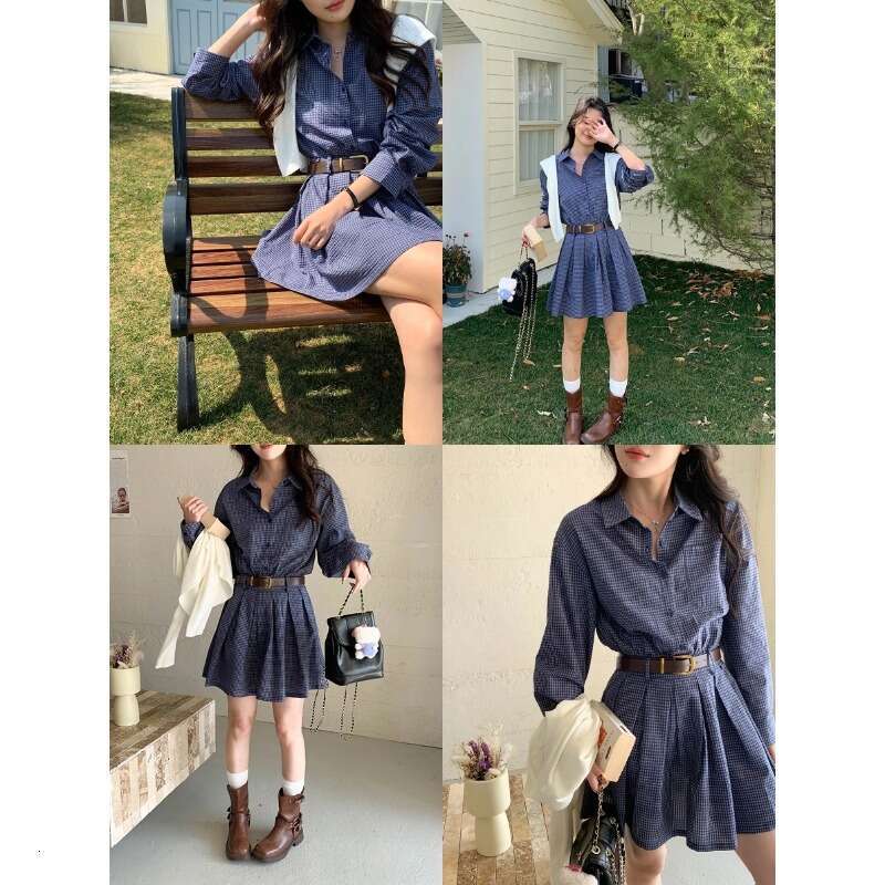 3rd Morning Middle Korean Blue Checkered Shirt Dress with Belt ZY2641