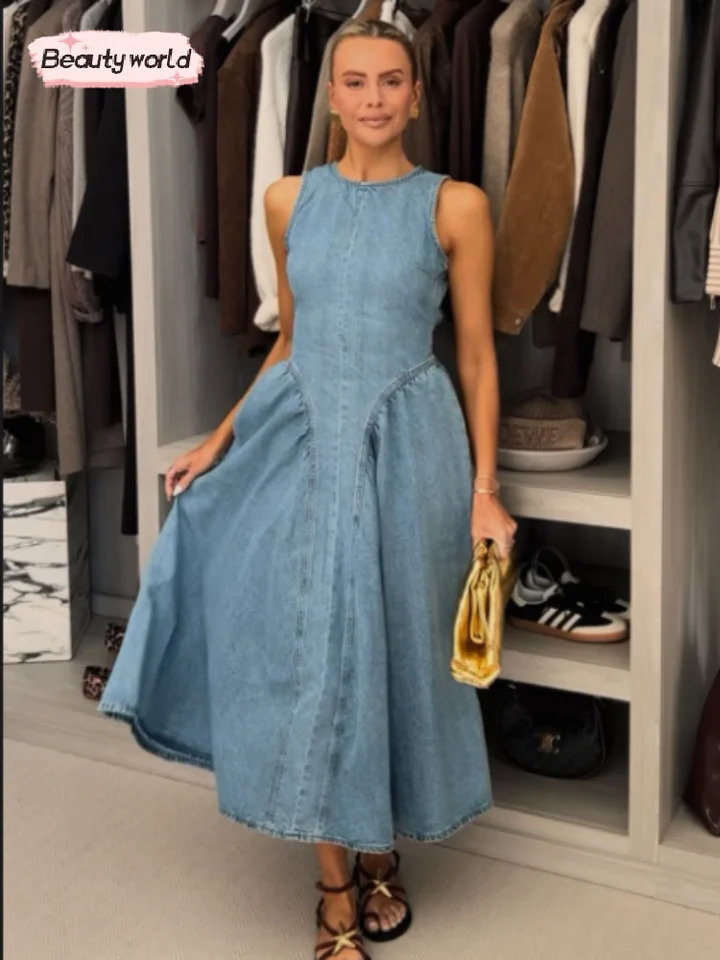 Women Fashion Denim Slim Long Dresses Chic O Neck Sleeveless High Waist Pleated Maxi Dresses 2025 Female Commute Street Vestidos 250529
