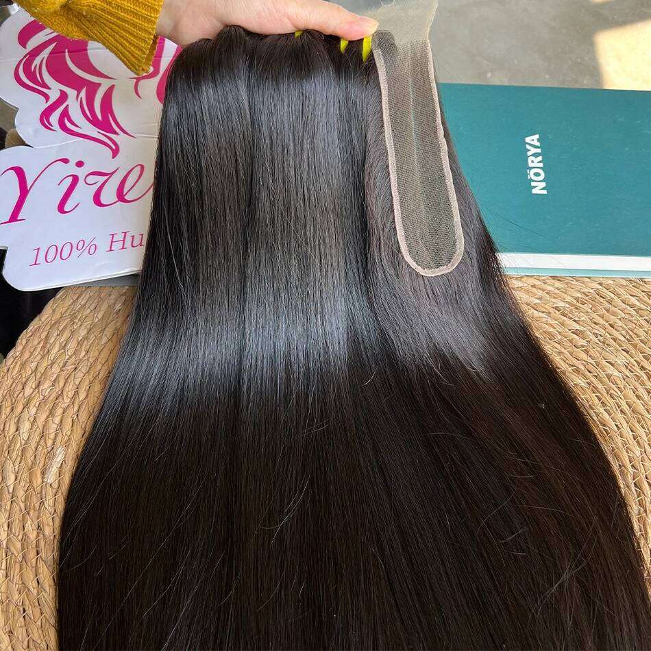 Double Drawn Straight 100% Raw Virgin Vieamese Human Bundles With 2x6 Transparent Lace Closure Hair Weave Extensions