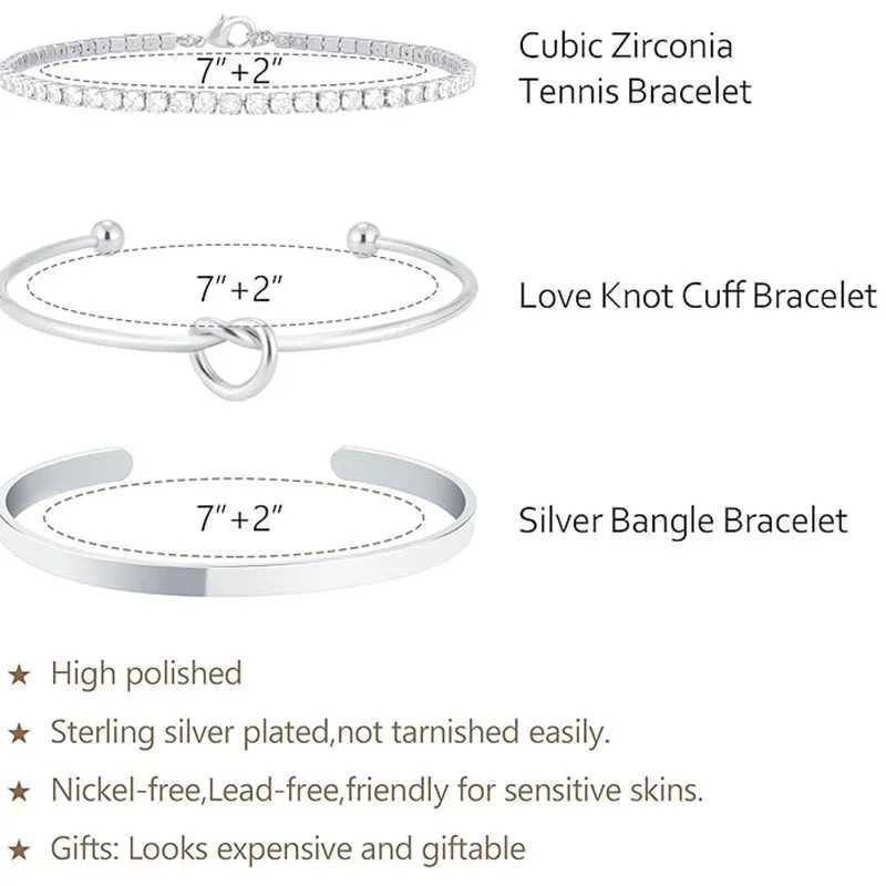 3pcs Stainless Steel Stack Cuff Bracelets for Women 14K Silver Plated Adjustable Jewelry Gifts Luxury CZ Chain Love Knot Bangles W250606
