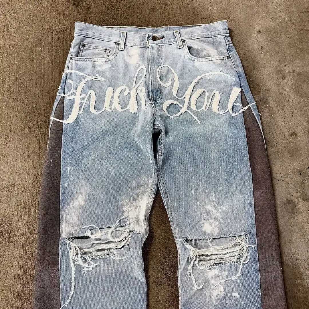 Torn Cloth Strips Seam Letters Personalized Trousers Contrasting Colors Unique Design Wide-leg Jeans Mens Loose Versatile Jeans Z250605