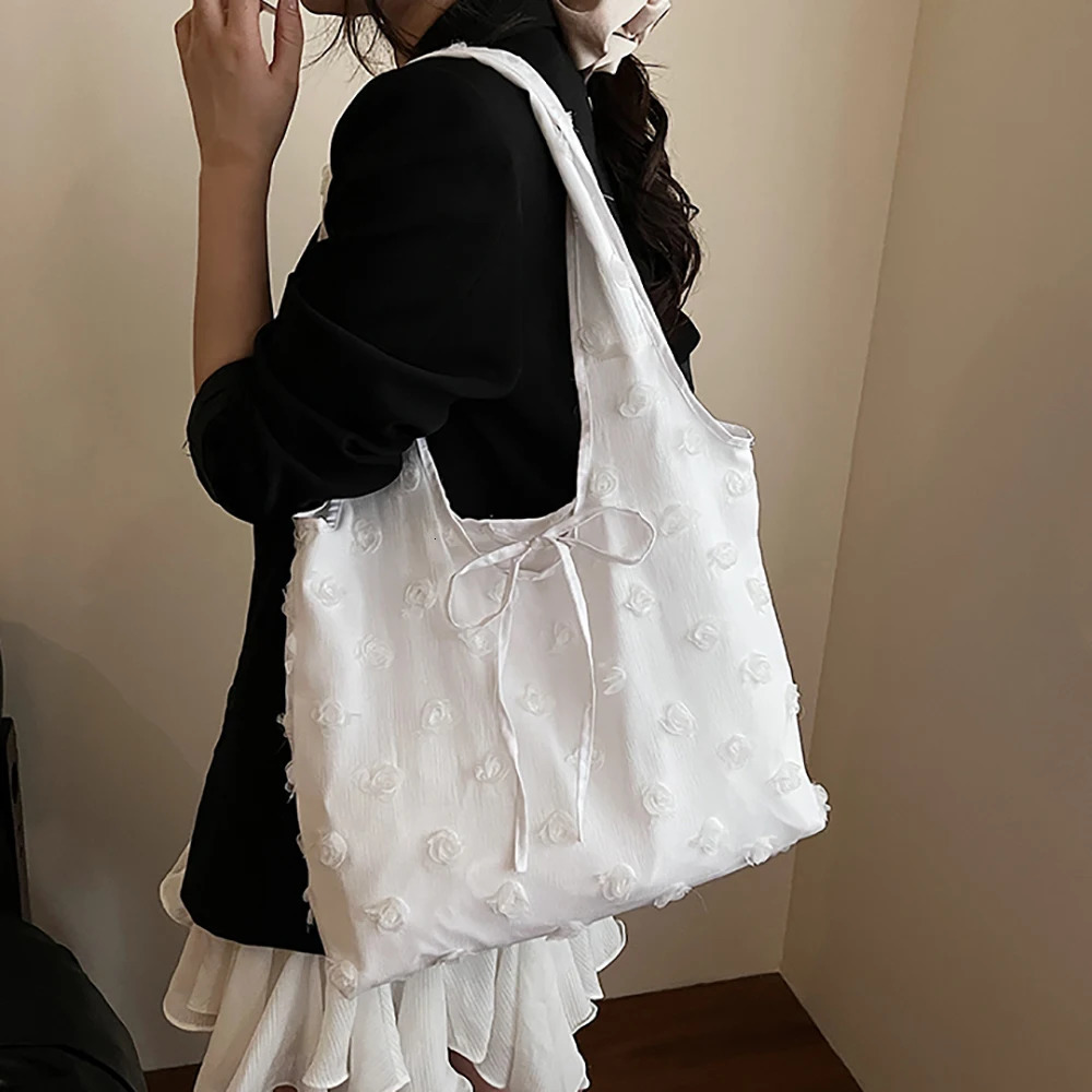 Summer Large Capacity Tote Bag Korean Ins Solid Color String Lace-Up One Shoulder Bags Commute Working Underarm Packs 250605