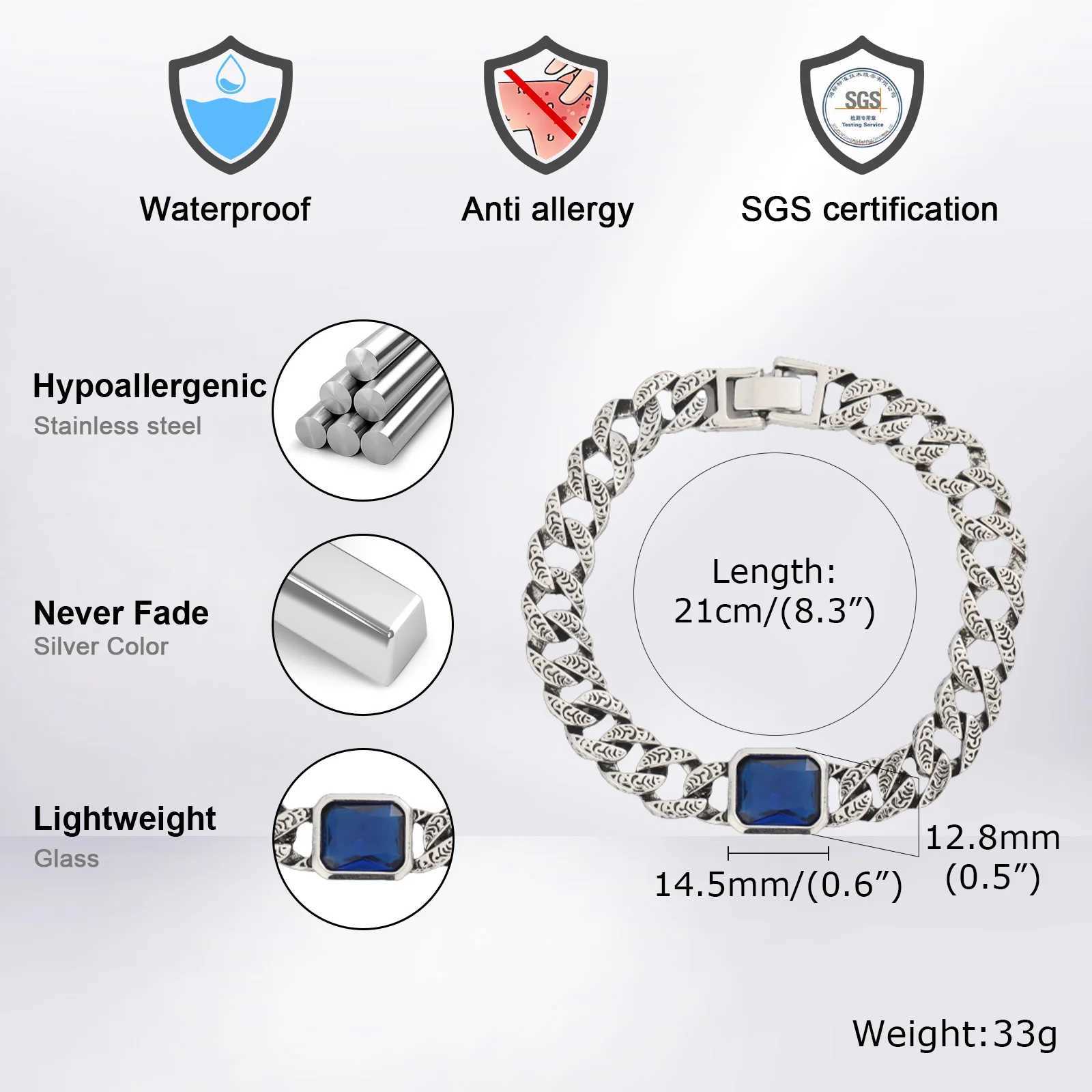 Chunky Cuban Chain Bracelets for Men Boys Embossed Stainless Steel Chain Link Wristband with Blue Stone Retro Jewelry Gift W250606