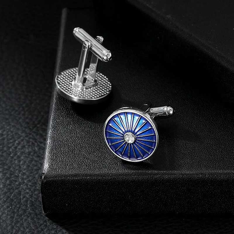 Business Mens Cufflink Luxury French Shirt Cuff Accessories Round Striped Blue Enamel Alloy Suit Sleeve Button Gift for Husband W250606