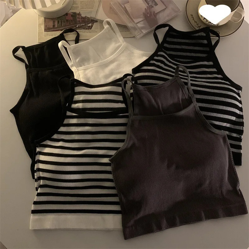 Korean Version Women Tank Tops Thread Solid Casual Fashion Crop Top with Chest Pad Stripe Sleeveless Outer Wear Basic Camisole 250527