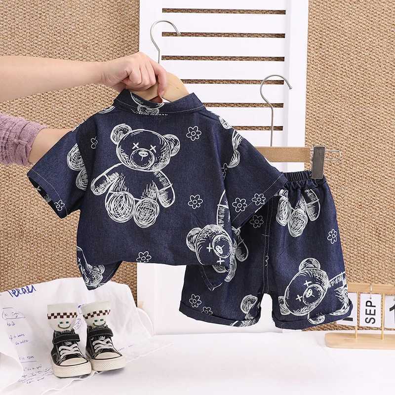 New Summer Boys Denim Clothing Sets Children Fashion Cartoon Bear T Shirt Shorts 2pcs Infant Baby Casual Outfits Suits R250606