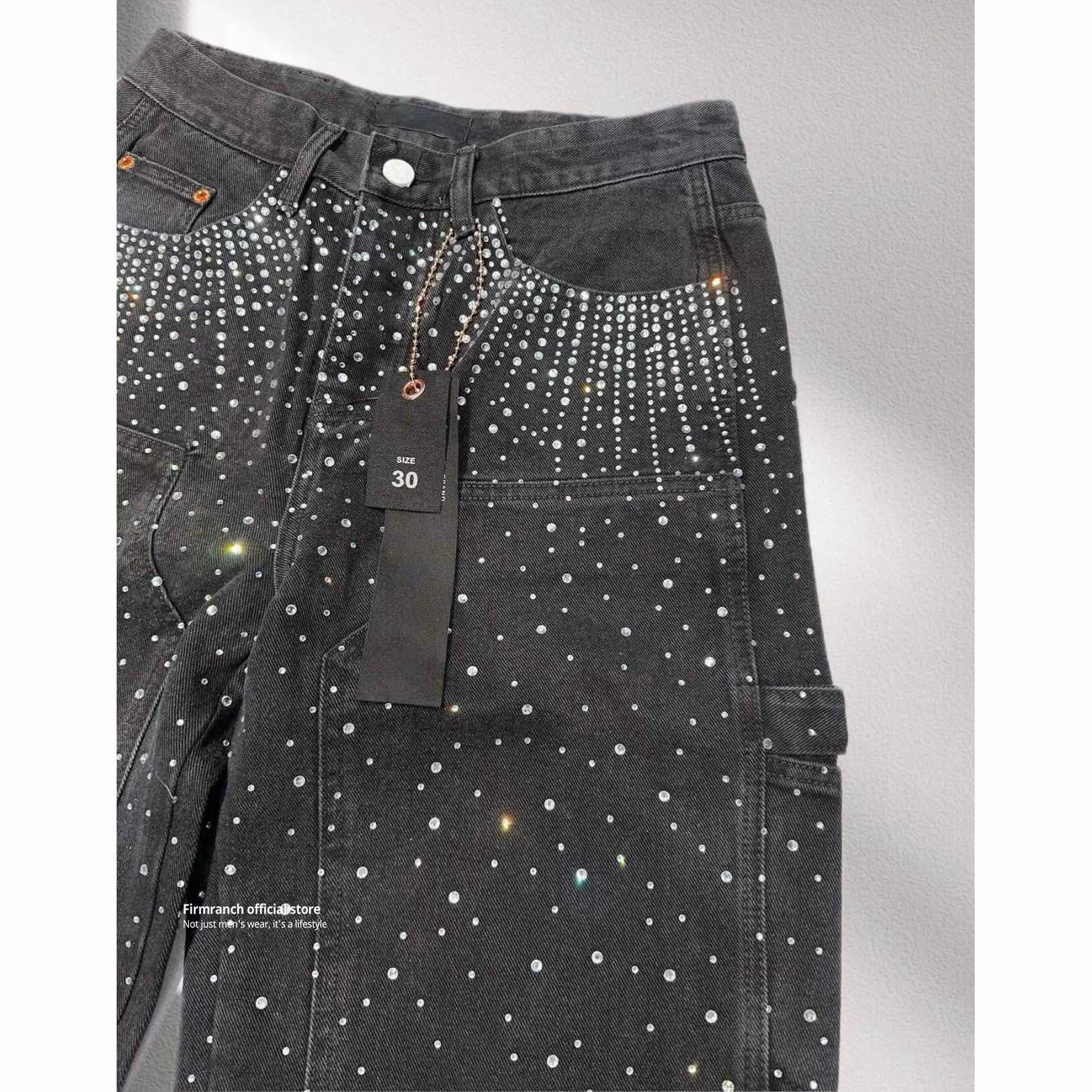 Firmranch New Sparkle Full Rhinestone Denim Pants For Men Women High Street Black Blue Shining Jeans Wide-leg Trousers Z250605