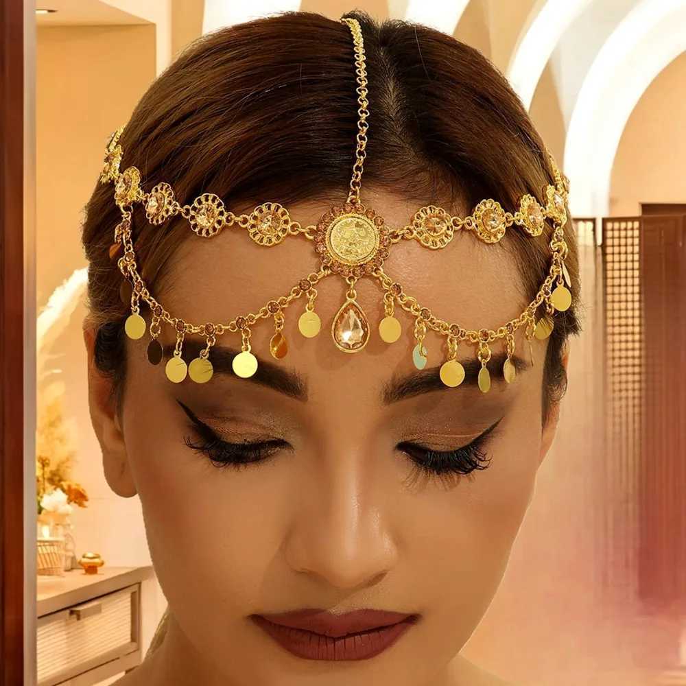 Indian Head Chain For Women Arabic Gold Color Coins Tassel Bridal Rhinestone Hair Chain Headdress Wedding Accessories Headpiece Z250605
