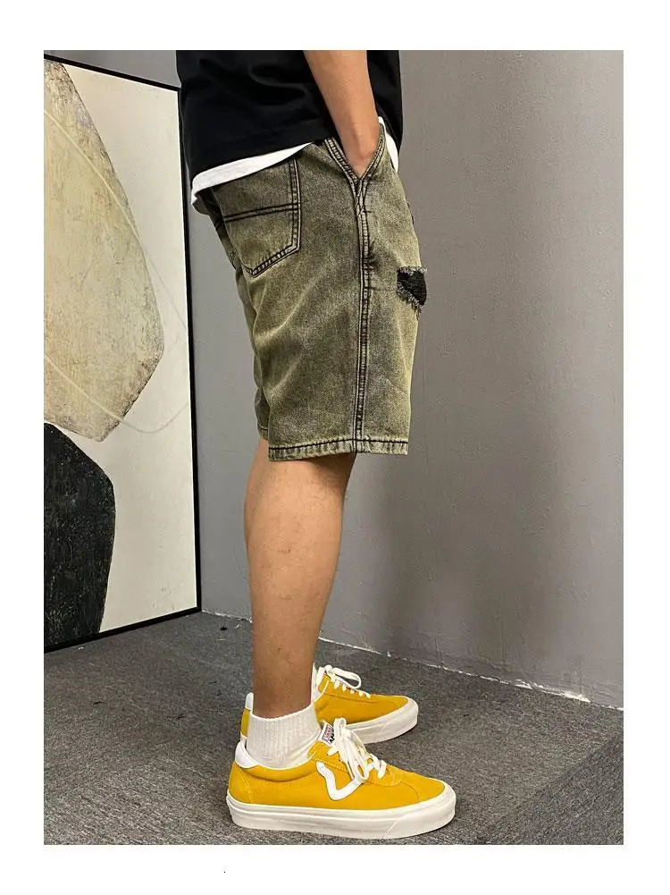 Mens Button Zipper Pocket Straight Loose Five-point Casual Wash Retro Yellow Mud Ripped Denim Shorts 250530