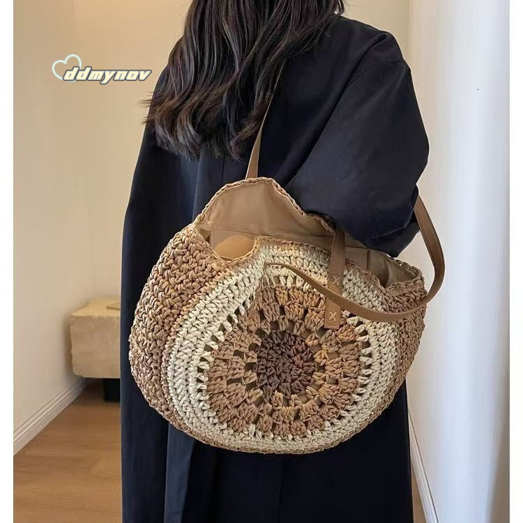 Hollow Out Round New Versatile Shoulder Straw for Women Handwoven Large Capacity Tote Beach Bag ddmynov