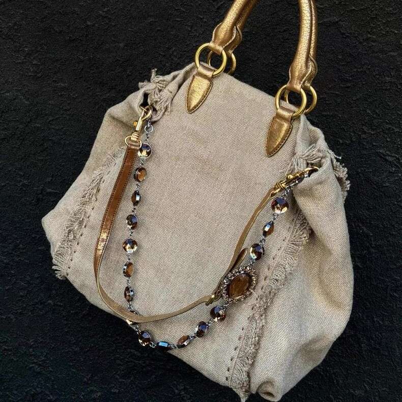 New Trendy Fashion Versatile Linen Tassel Color Block Stylish Design Handbag and Crossbody Bag