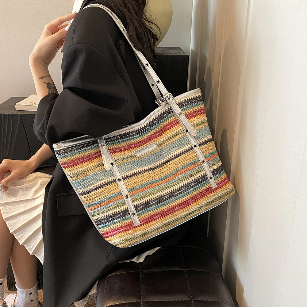 Trendy Woven Shoulder Bag Women Raffia Boho Bag Large Straw Bag Rattan Crochet Handbag Summer Beach Tote Bags For Women 250530