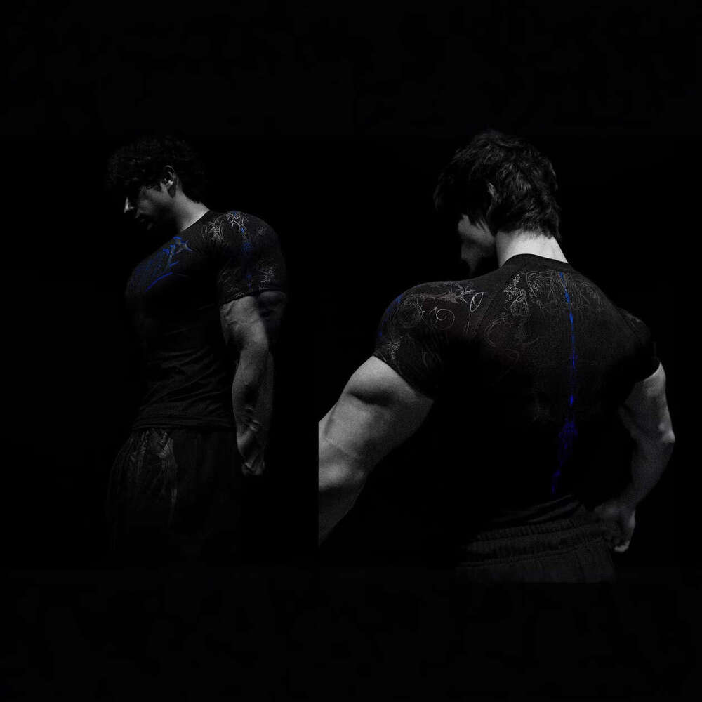 2025 Demon Line Drawing Spider Front and Back Print Short Sleeve T-Shirt Summer Trendy Brand Crew Neck Men's Top