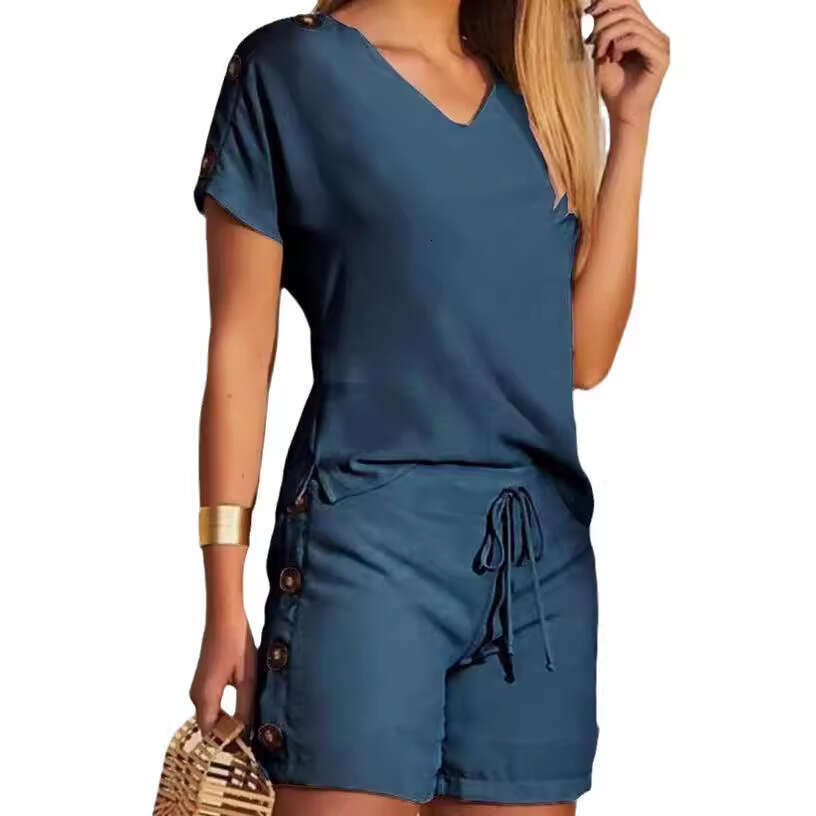 Summer Women's Casual Fashion Solid Color Comfortable V-Neck Top + Button Decorated Shorts Two-Piece Set B5