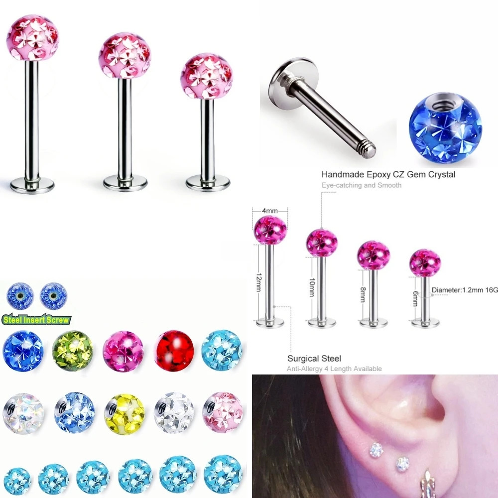 2X 3/4/5mm Coated Crystal Steel Labret Ring 6mm - 12mm Bar Ear Nose Monroe Lip Stud Piercing Jewellery 16g 1.2mm 250605
