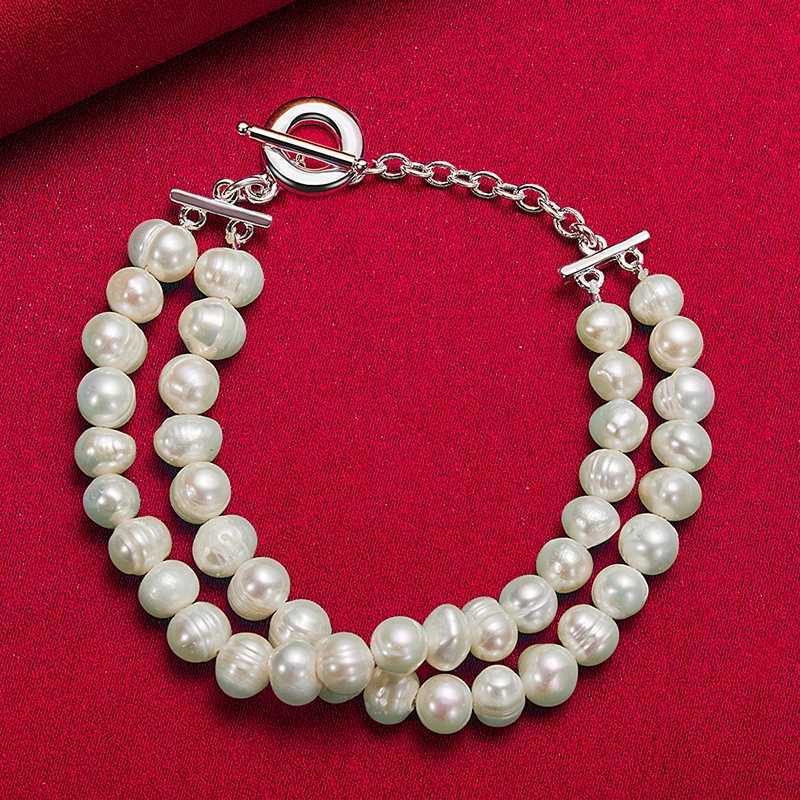 SHSTONE 925 Sterling Silver Double Artificial Pearls Chain Bracelet For Women Wedding Accessories Party Birthday Fashion Jewelry W250606