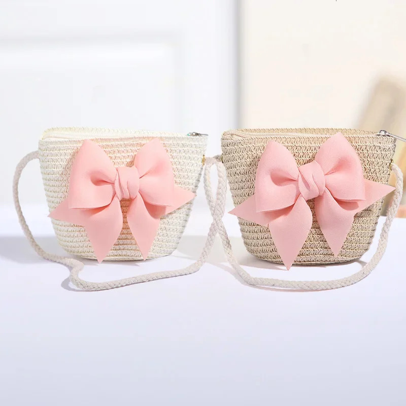 Cute Bow Straw Shoulder Bags Baby Girls Handmade Woven Crossbody Bag Princess Kids Messenger Mini Coin Purse Beach Handbags 250605