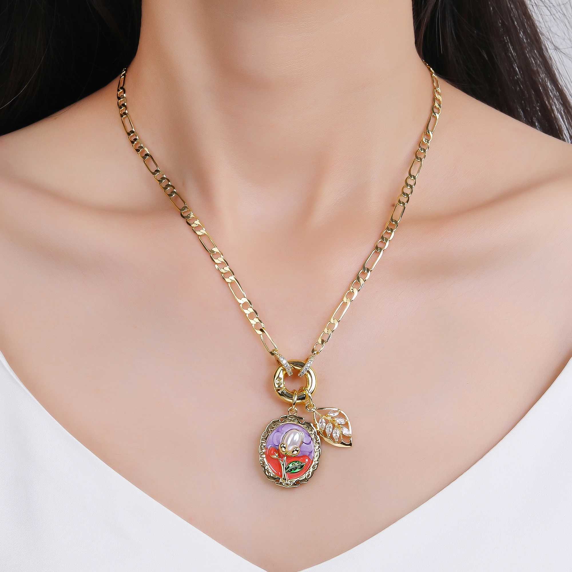 Hot Sale Metal Oil Drop Ocean Series Flower Pearl Leaf Pendant Necklace Charming For Woman Girl Casual Vacation Jewelry Gift Y250605