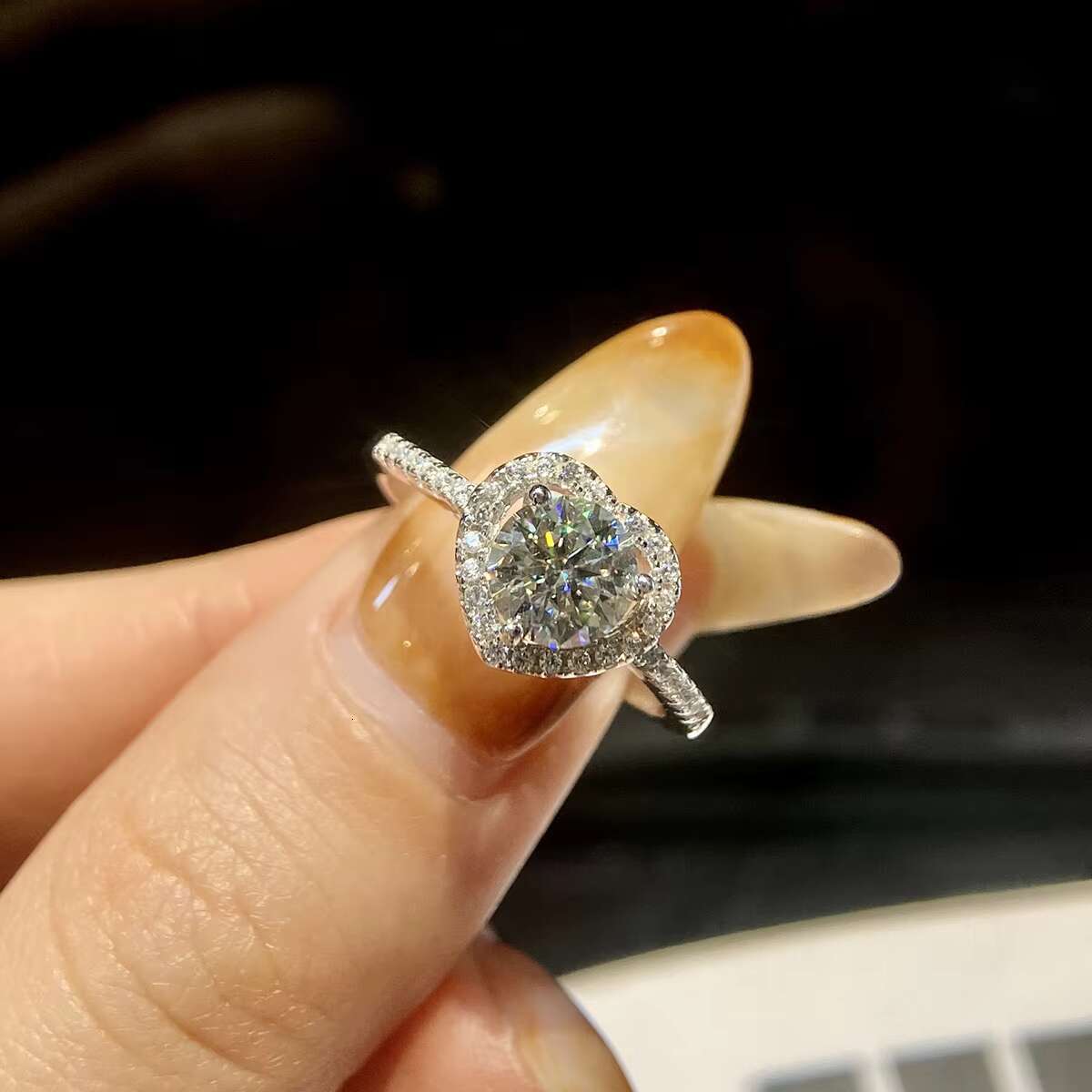 Moon Stone Diamond Moissanite Heart Shape halo Ring 925 Sterling Silver 18K White Gold 1 2 Ct for Women Engagement Jewelry