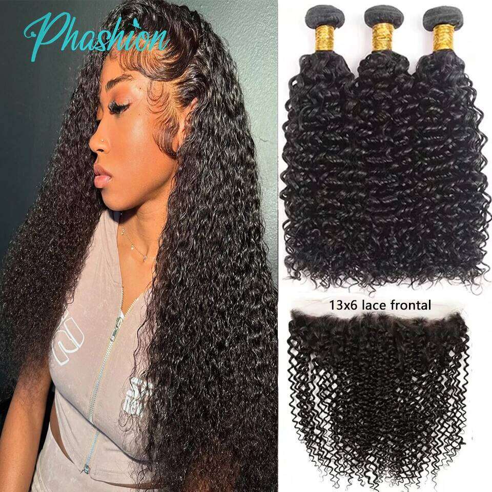 Phashion Kinky Curly Human Hair Bundles With 13x6 Lace Front Closure HD Transparent Brazilian Jerry Curl Weave and Closures Soft