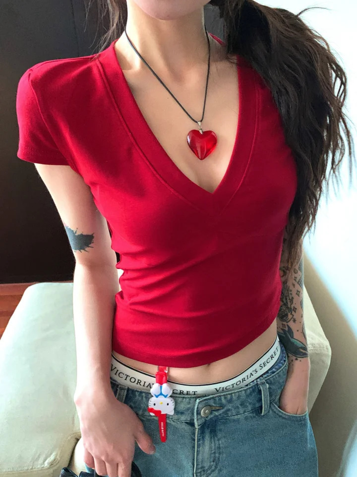 Basic Solid Crop Top Short Sleeve V-neck Skinny T-shirt Summer Casual Tee for Women Y2K Vintage Top Harajuku Streetwear 250605
