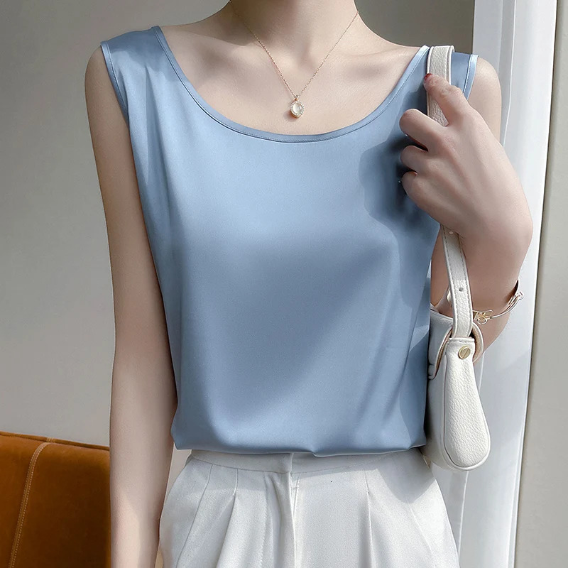 Summer Silk Camis Womens T Shirts Sleeveless Vest Satin Tank Tops Office Elegant Fashion O Neck Champagne BlouseTop Women 250605