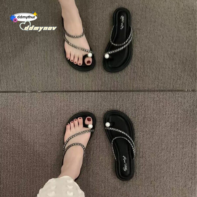 Toe Post Flat for Women Summer Outdoor 2024 New Pearl Beach Sandals Fashion Ins Fairy Style ddmynov