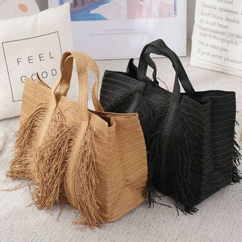 New Tassel Handbag For Women Large Capacity Hand Woven Tote Summer Beach Vacation Shoulder Bag