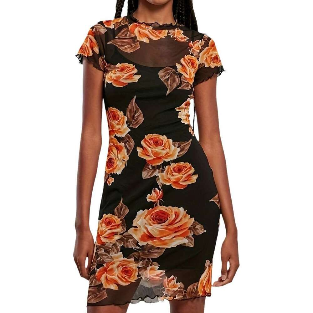 New Mesh Solid Color Two-Piece Short Sleeve Dress B5