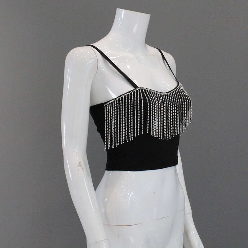 Ins Style Women's Low-Cut Sexy Backless Rhinestone Tassel Strap Short Vest Mature Top T-Shirt Trend B5