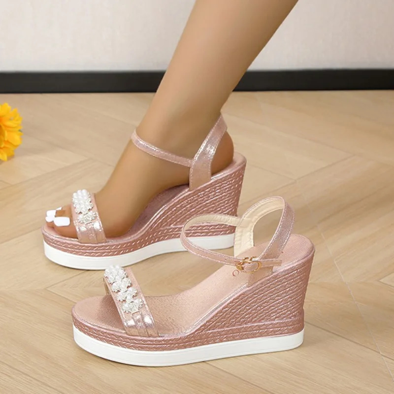 Women Platform Sandals 2024 Summer Pearl Transparent Rhinestones High Heels Buckle Fashoin Ladies Wedge Sandals Beach Shoes 250605