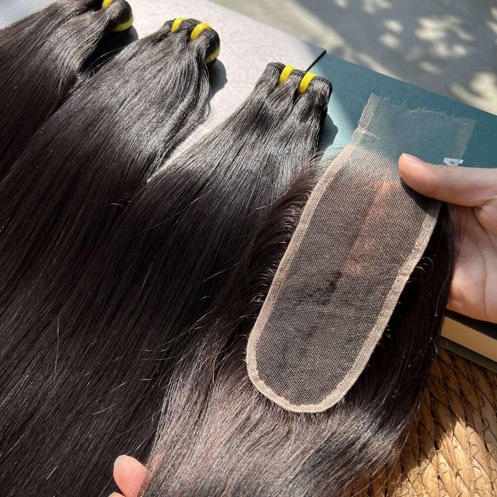 Double Drawn Straight 100% Raw Virgin Vieamese Human Bundles With 2x6 Transparent Lace Closure Hair Weave Extensions