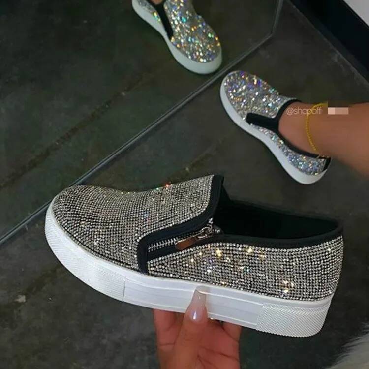 Ddmyoutdoor Women Bling Flats Sequins Crystal Studded Slip On Lazy Loafer Flat Round Toe Rhinestone Shoes Fashion Female Sneakers Bv Outdoor Shoes