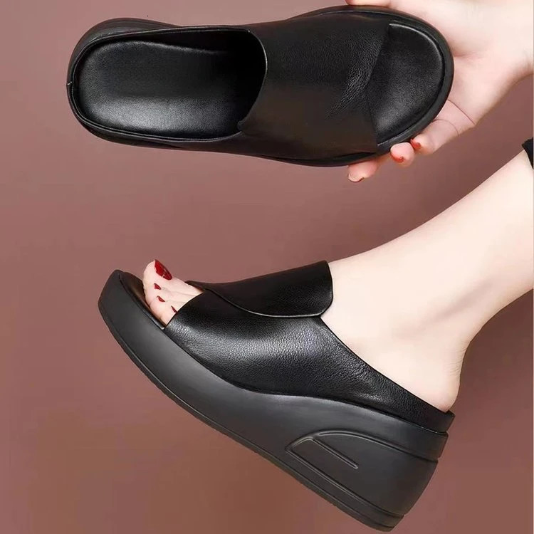 2024 Summer Open Toe Sexy Solid Thick Sole Slope Heel Slippers for Women Outwear Comfortable Platform Womens Single Shoes 250605