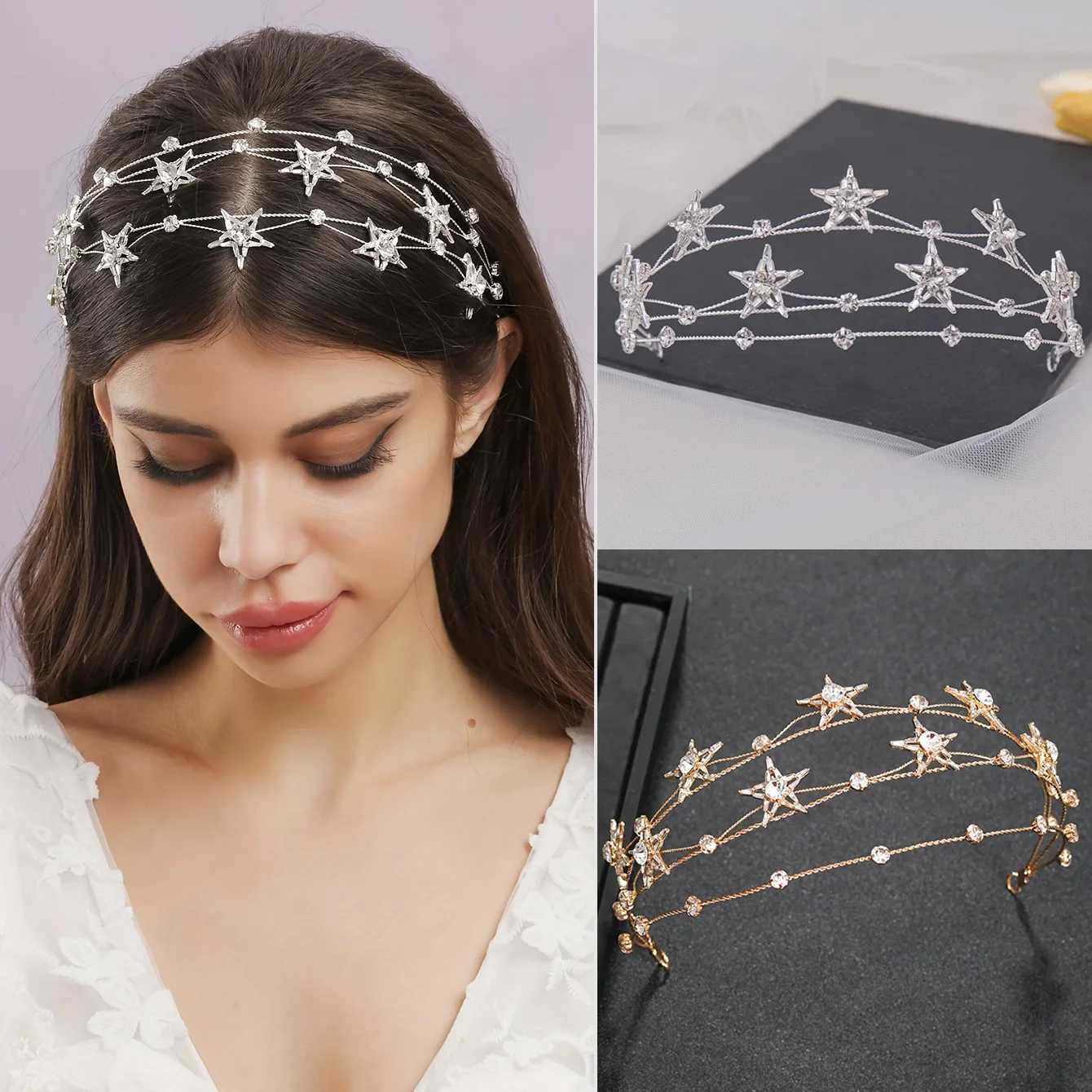Fashion Wedding Tiara New Girl Silver Star Crystal Headband Bridal Wedding Hair Accessories Headbuckle Womens Jewelry Z250605