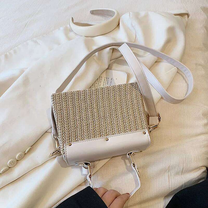 Fashion Straw Splicing Pu Leather Flap Handbag Hand-woven Box Rattan Women's Crossbody Messenger Casual Summer Beach Bag